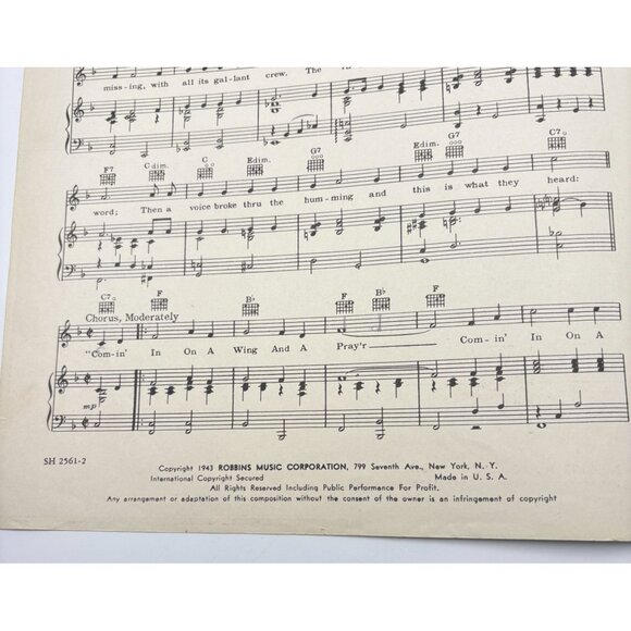 Comin In on a Wing and a Prayer Vtg Piano Sheet Music Harold Adamson 1943 WWII - Picture 3 of 6